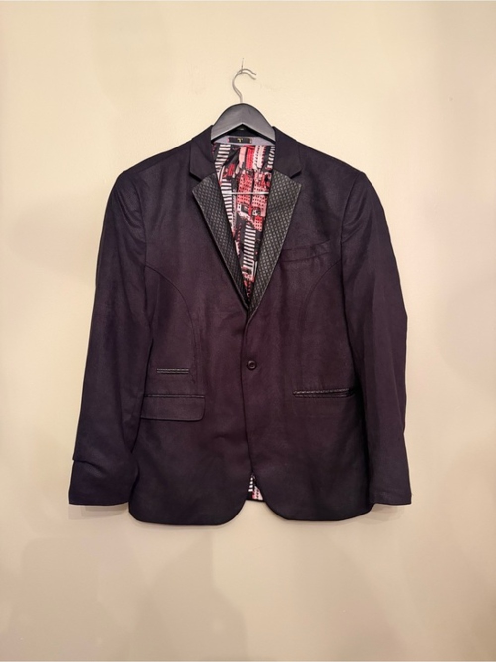T'RENCH Men's Slim Fit Blazer Jacket 56 (US 46) Black Quilted Lapel Cityscape